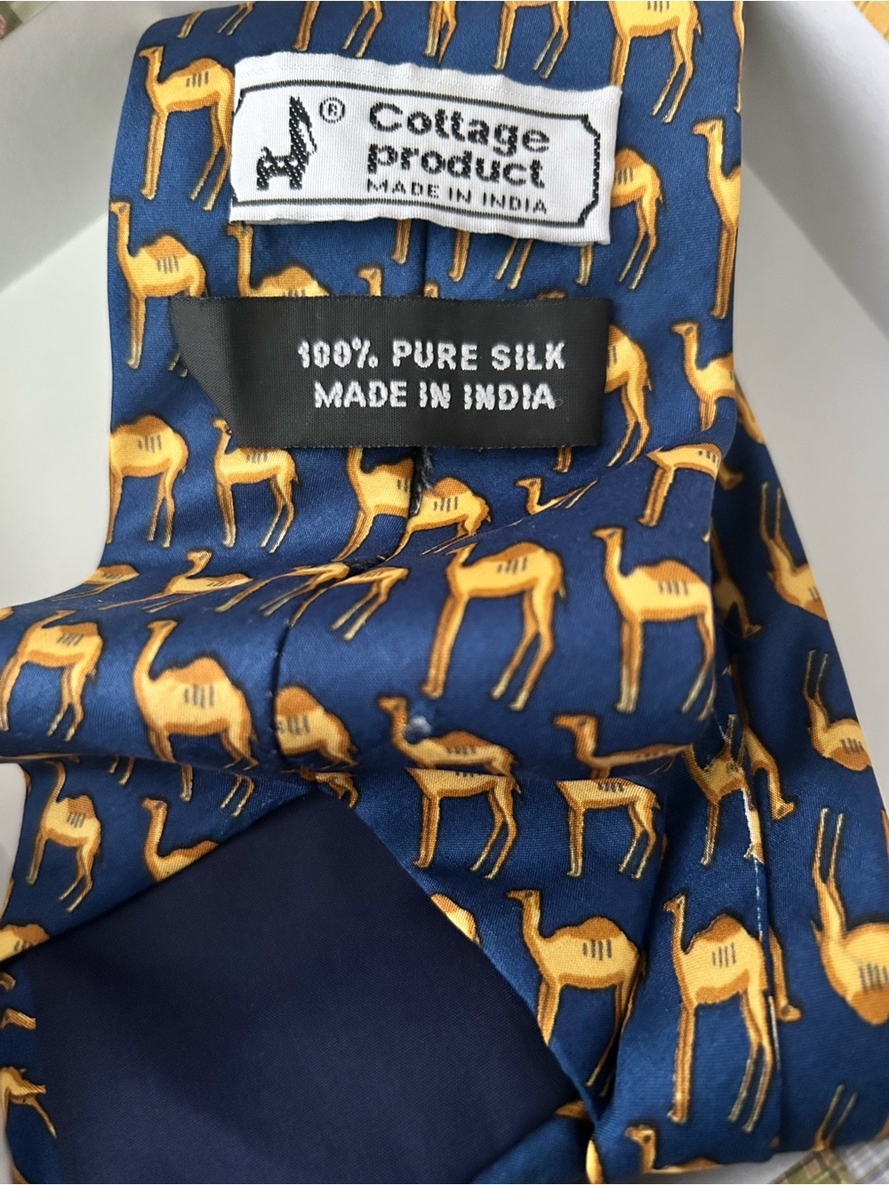 Men's Navy Pure Silk Tie with Gold Camel Print made in India